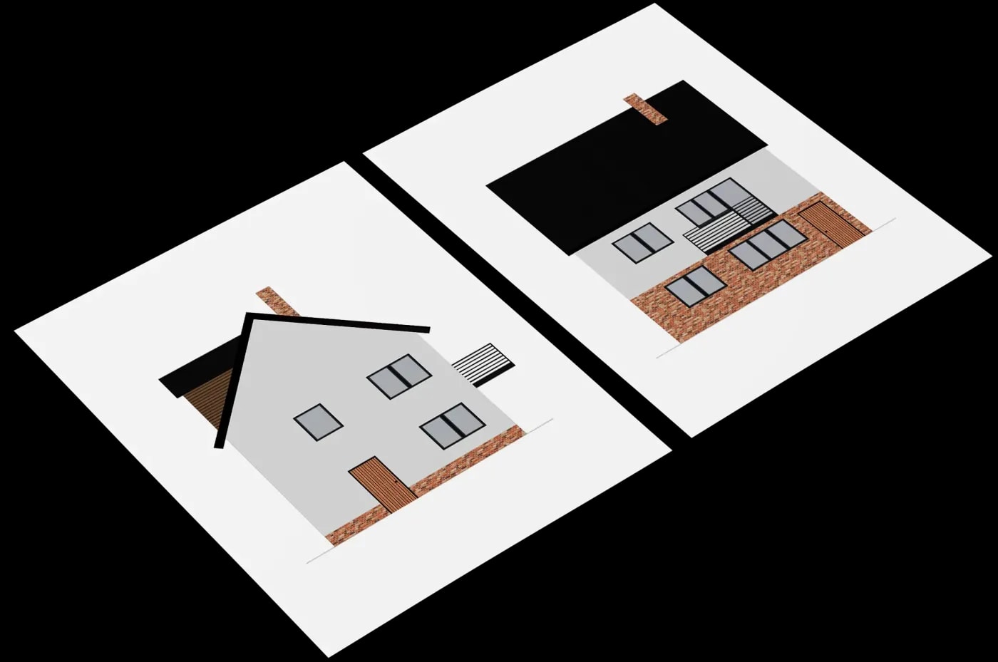 Farbige Außenansicht eines zweigeschossigen Einfamilienhauses mit Gaube, Balkon und Schornstein in Front- und Giebelansicht