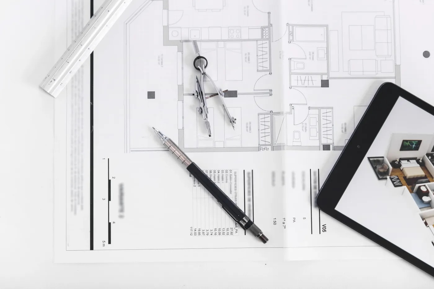 Ein Tablet, ein Lineal, ein Zirkel und ein Bleistift liegen in der Nahaufnahme auf einem Grundriss. 