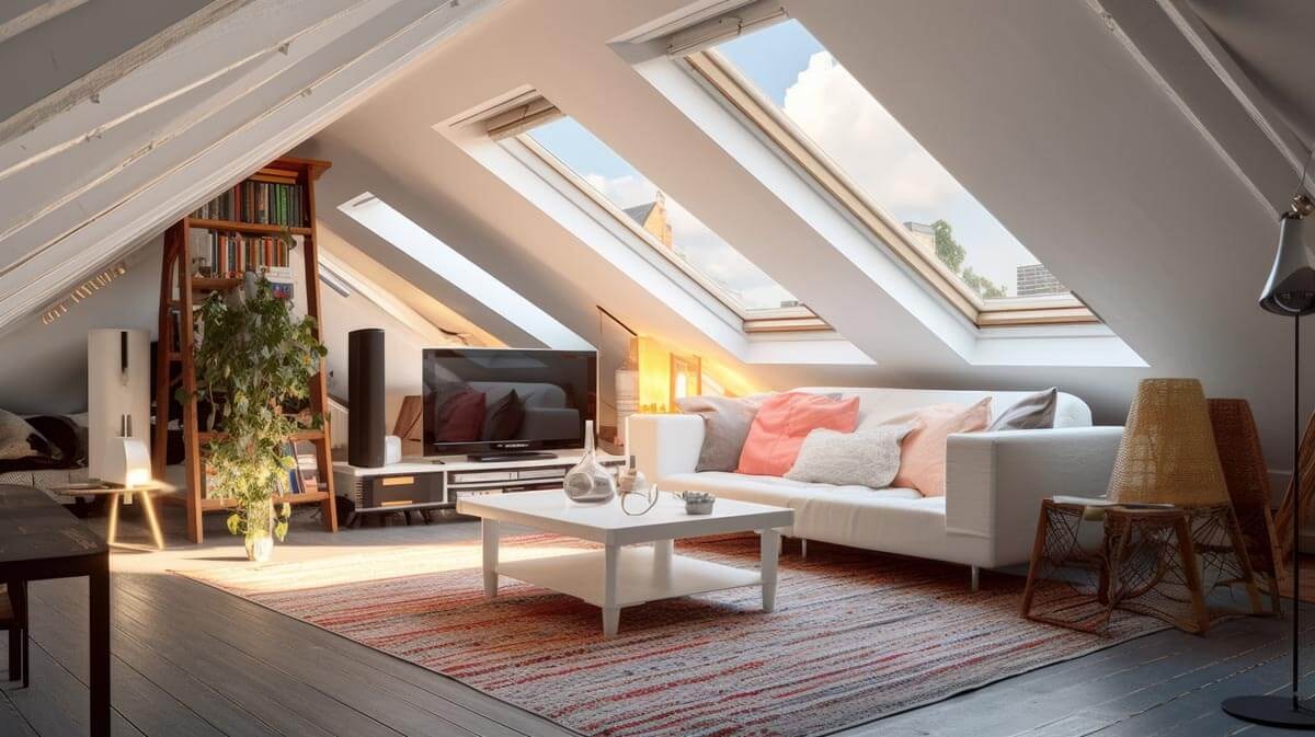 Eingerichtetes Dachgeschosswohnzimmer mit weißer Dachschräge und drei großen Dachfenstern; helles Sofa mit bunten Kissen, weißer Couchtisch, farbiger Teppich, Fernseher und ein Bücherregal mit Zimmerpflanzen.