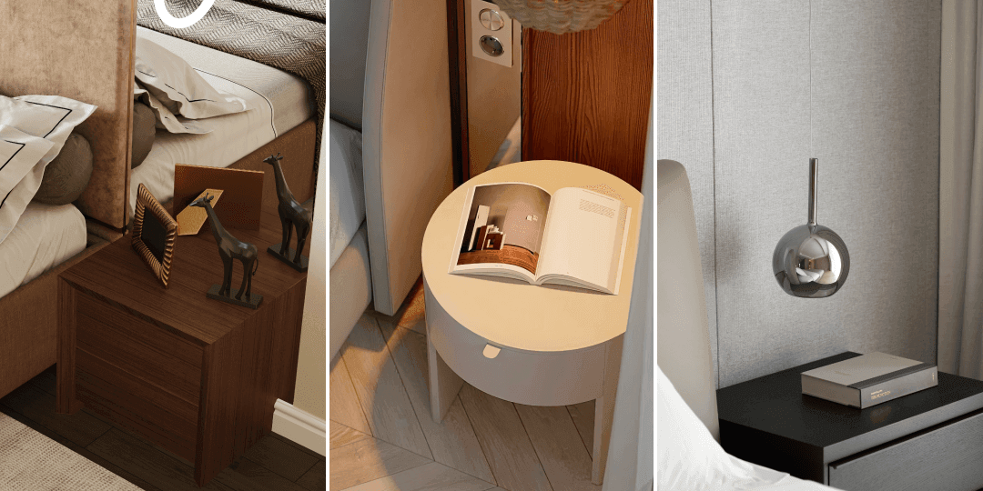 Dreiteilige Bildcollage mit Nahaufnahmen verschiedener Hotelzimmer-Nachttische: links dunkles Holz mit Giraffenfiguren und Bilderrahmen, Mitte runder cremefarbener Nachttisch mit aufgeschlagenem Buch, rechts schlichtes schwarzes Sideboard mit Chrom-Wandleuchte an grauem Polsterkopfteil.