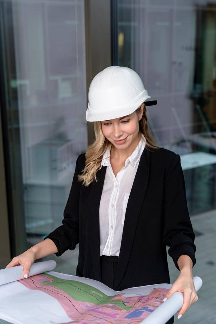 Fachfrau mit weißem Schutzhelm auf einer Baustelle