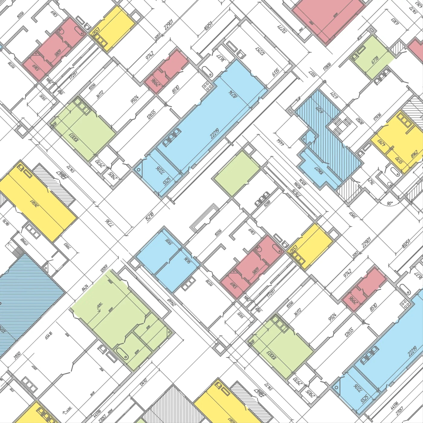 Ein vierfarbiger Bebauungsplan eines größeren Gebäudekomplexes.