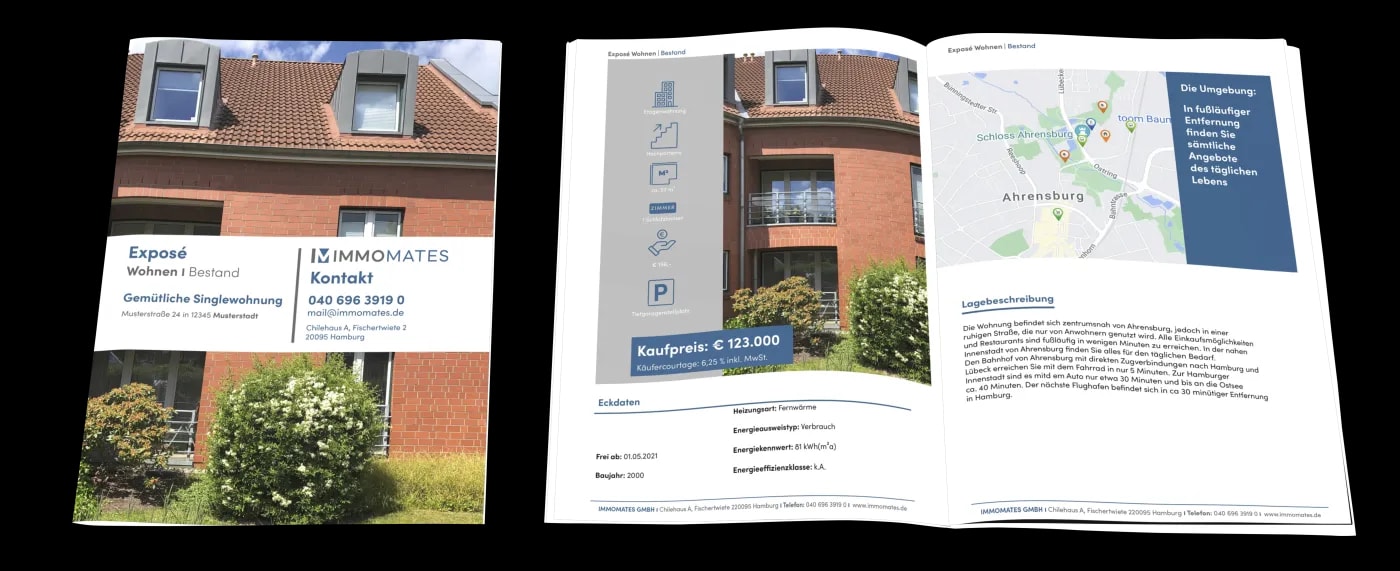 Ein broschiertes Muster-Exposé in Din A4 Format einmal mit Deckblatt gschlossen und einmal geöffnet.