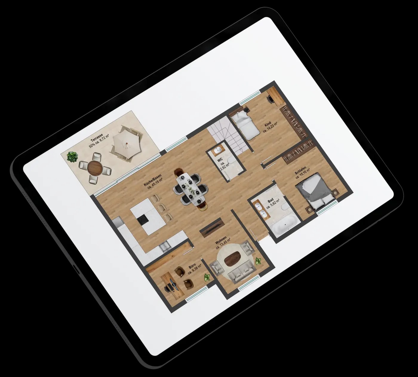 Tablet, das den bunten, modernen Grundriss einer 3-Zimmer Wohnung mit offener Küche, kombinierten Wohn- und Essbereich, sowie zwei separaten Badezimmern zeigt.