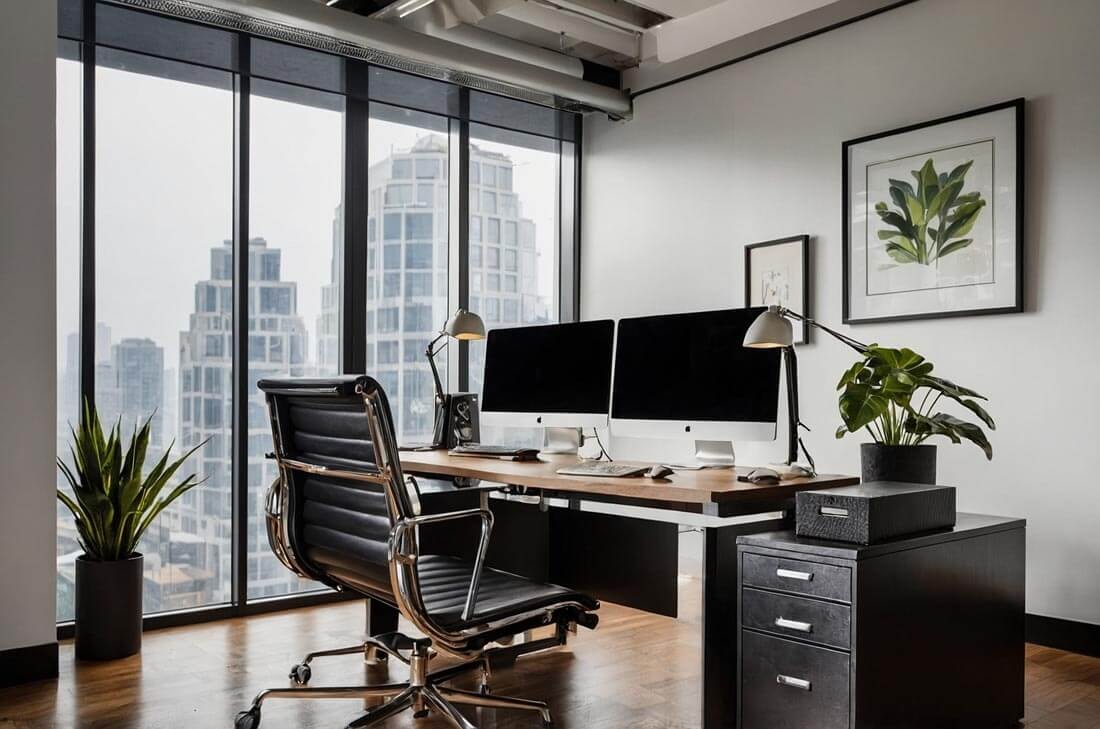 Einzelbüro in gehobener Ausstattung mit zwei Monitoren auf dem Schreibtisch, Grünpflanzen, Holzfussboden und eine Aussicht aus dem großen Fenster auf Bürohochhäuser.