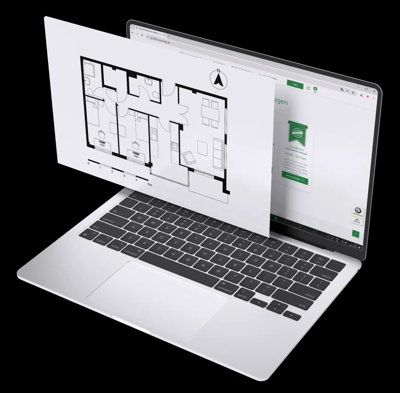 Nahaufnahme eines Laptops mit der Website der Grundriss-Schmiede auf dem Bildschirm, aus dem der Grundriss einer 3-Zimmer Wohnung heraustritt.