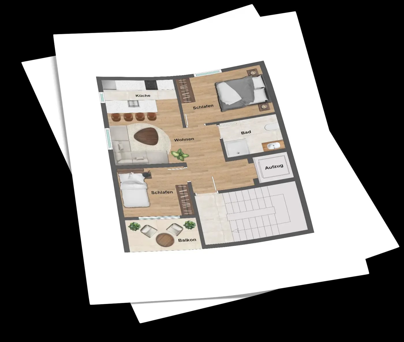 Zwei aufeinander liegende Blätter, auf dem oberen der moderne Grundriss eines 2,5 Zimmer Lofts mit offener Küche und Aufzug.