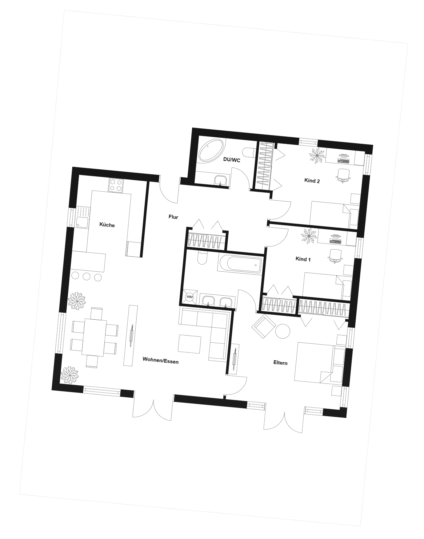 Klassischer Grundriss einer 4-Zimmer Wohnung mit einem Badezimmer und einem Dusche-WC, offener Küche und kombiniertem Wohn- und Essbereich.