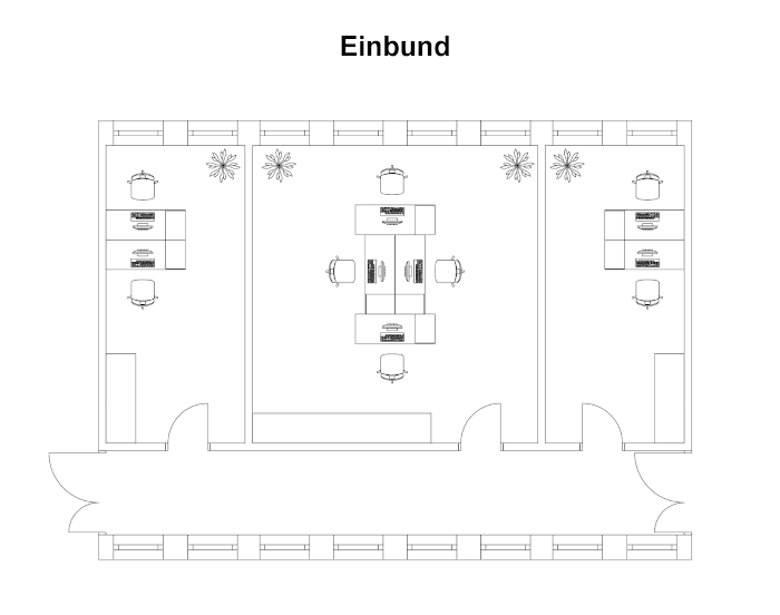 Detailansicht eines Grundrisses von drei Büros als Büroeinheit mit einem Flur an der Längsseite und der Beschriftung 'Einbund'.