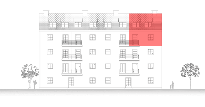 Fassadenansicht und Etagenplan eines Mehrfamilienhauses mit Maisonette-Wohnungen und Balkonen.