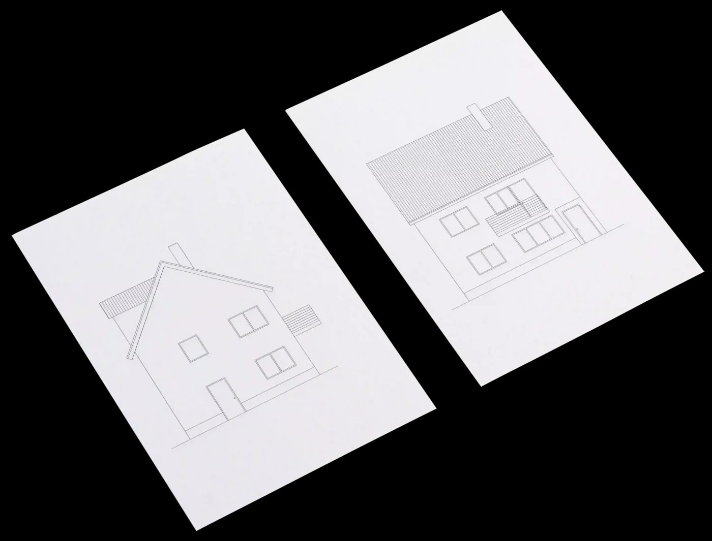 Skizze der Außenansicht eines zweigeschossigen Einfamilienhauses mit Gaube, Balkon und Schornstein in Front- und Giebelansicht