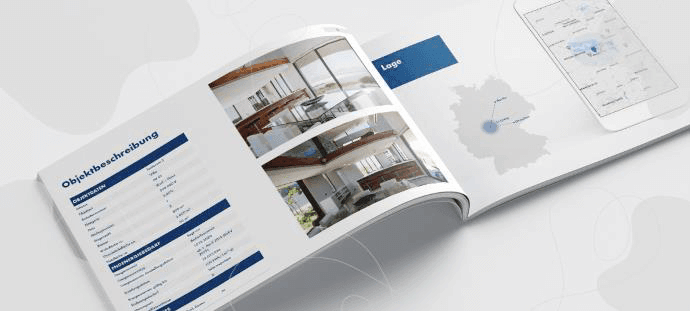 Geöffnetes Exposé in Querformat in dem zwei Bilder einer Wohnung und eine schematische Lagebestimmung auf einer Deutschlandkarte abgebildet sind.