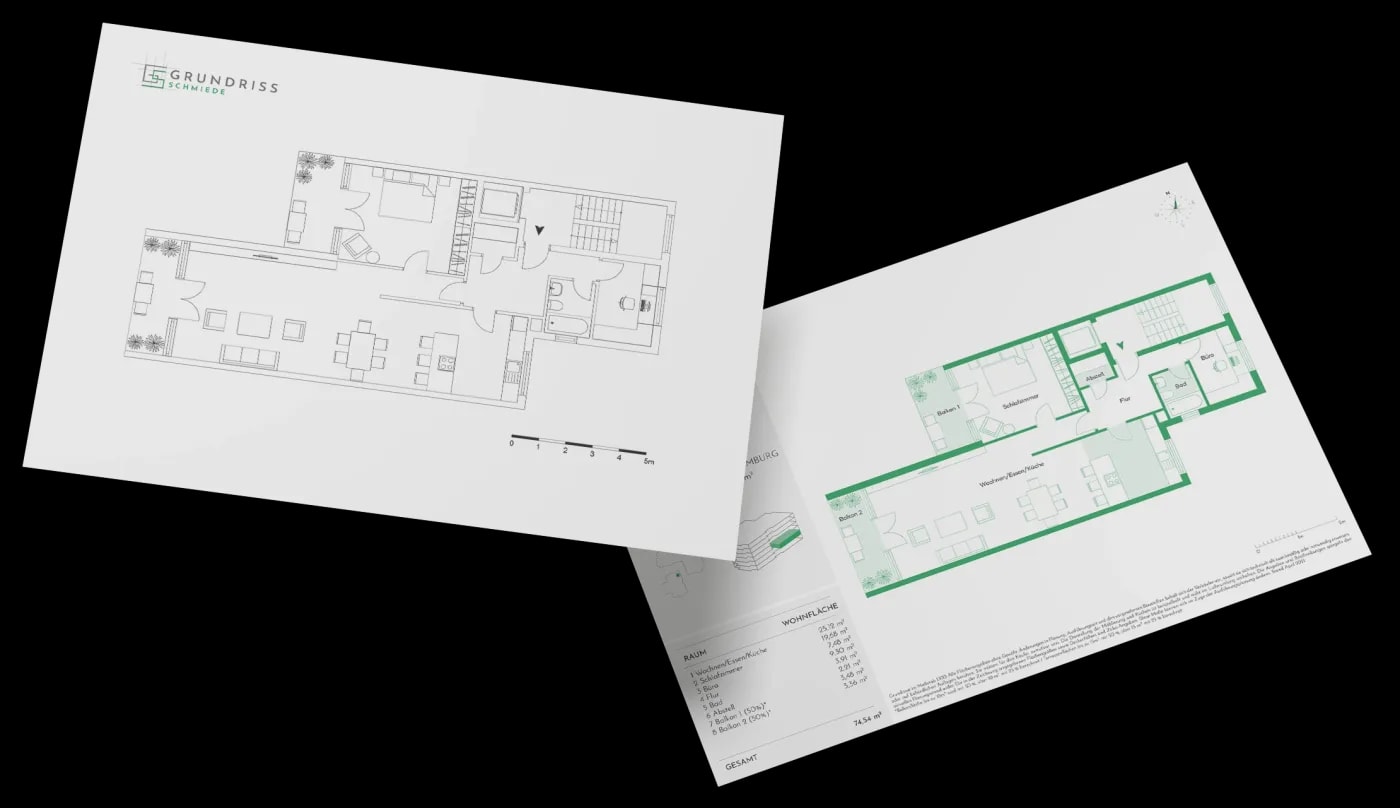 Zwei überlapende Bögen Din A4 einer mit einem Grundriss und der andere mit einem dazu passenden Factsheet.