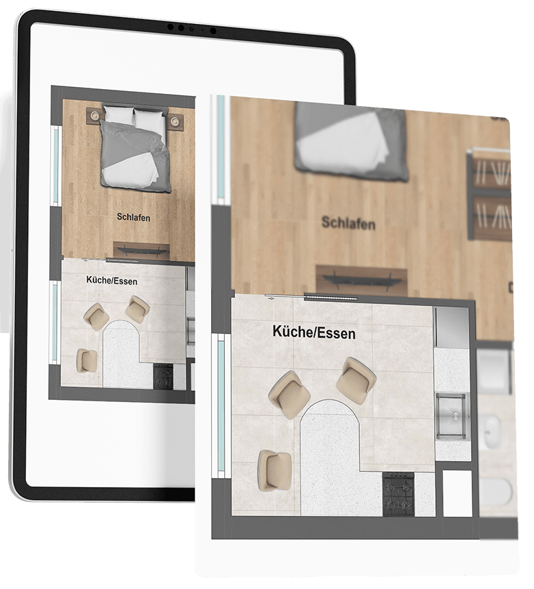 Vergrößerte Detailansicht eines Grundrisses, bei dem die Küche am Schlafzimmer anliegt, die über einem Tablet schwebt, auf dem der Gesamtgrundriss angedeutet ist.