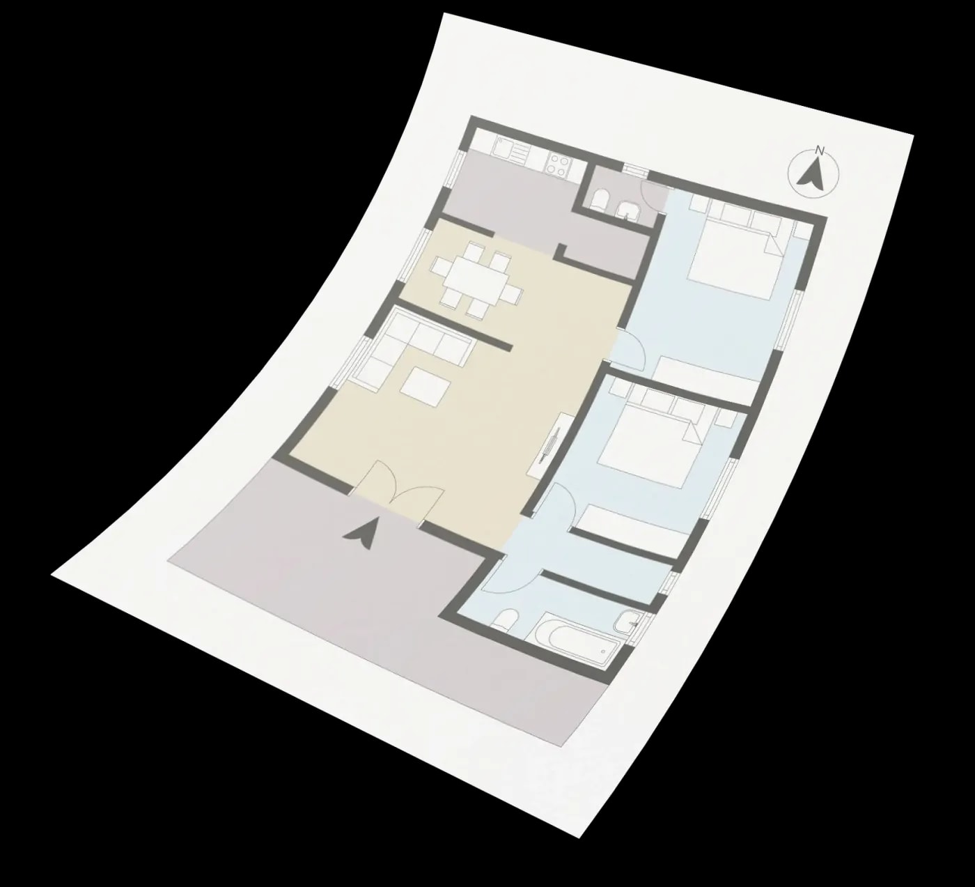 Bunter Grundriss einer 3-Zimmer Wohnung mit offener Küche und zwei Bädern, jeweils vom Schlafzimmer aus zugänglich.