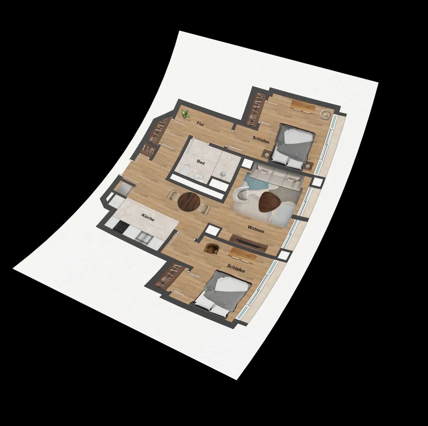 Beschrifteter Grundriss einer 3-Zimmer-Wohnung in realistischer Optik mit Innenbad, offener Küche, diversen Einbauschränken und Fensterfront an den Zimmern