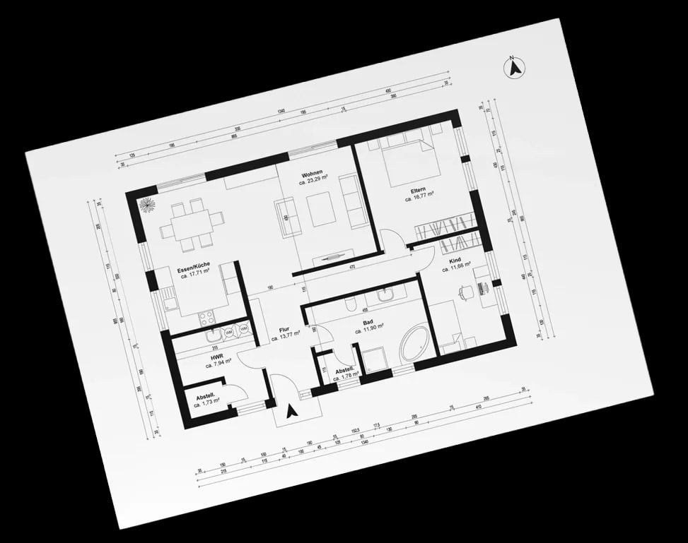 Bemaßter Grundriss einer 3-Zimmer Wohnung mit offener Küche, kombiniertem Wohn- und Essbereich, sowie einem separaten Hauswirtschaftsraumes.