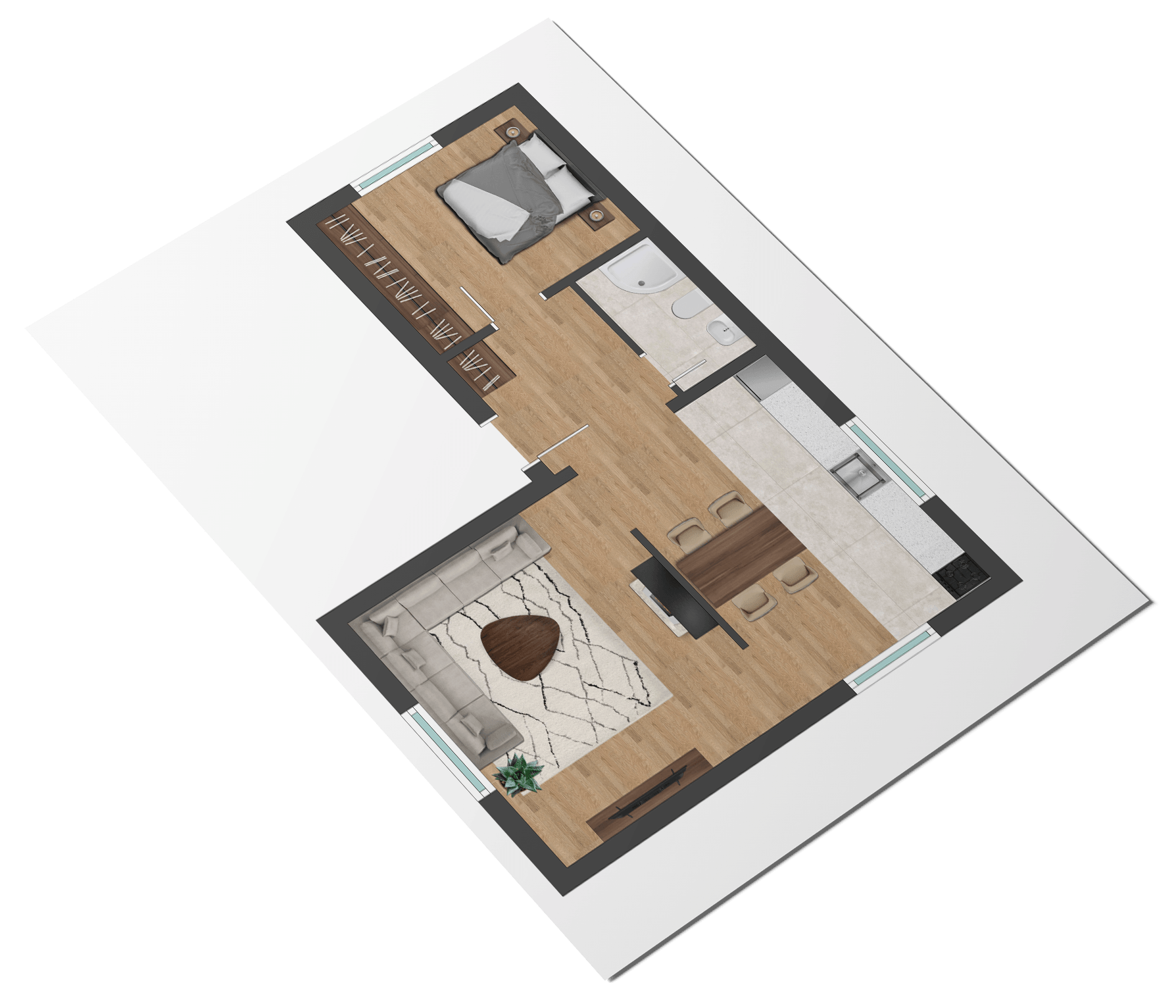 Moderner, bunter Grundriss einer 2-Zimmer Wohnung mit offenem Won- und Küchenbereich.