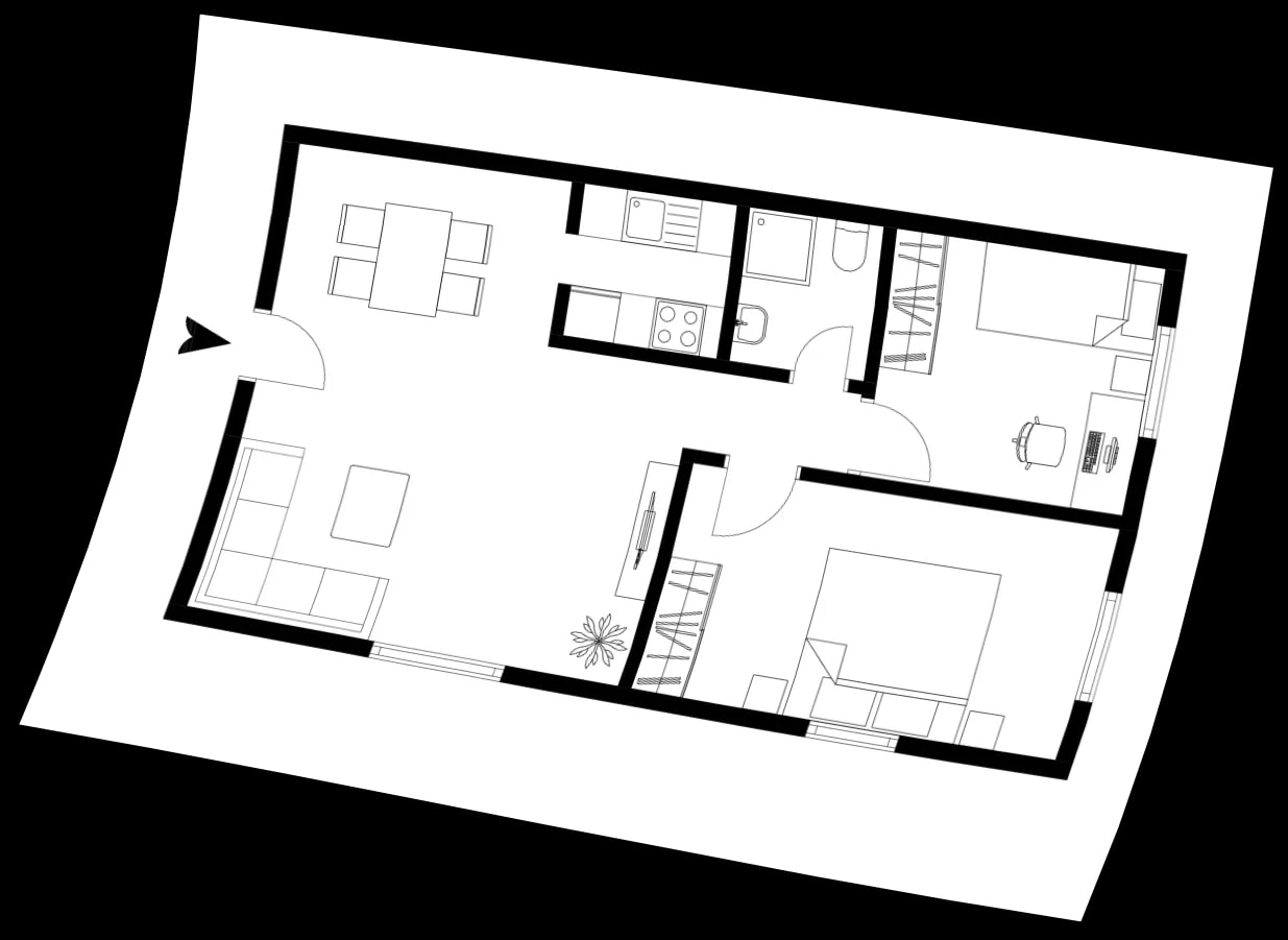 Schlichter Grundriss einer 3-Zimmer Wohnung mit kombiniertem Wohn- und Essbereich.