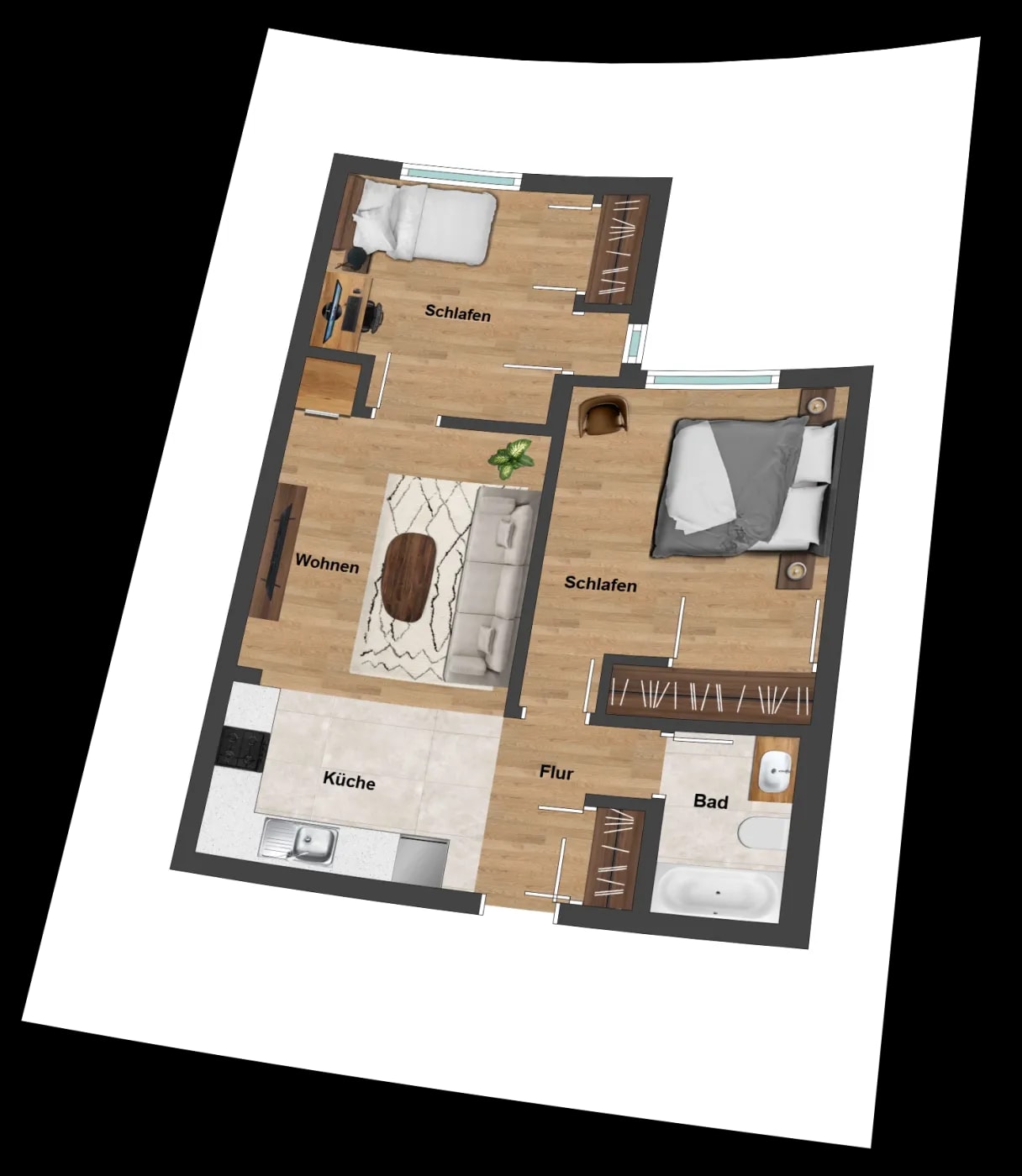 Moderner, farbiger Grundriss einer 3-Zimmer Wohnung.