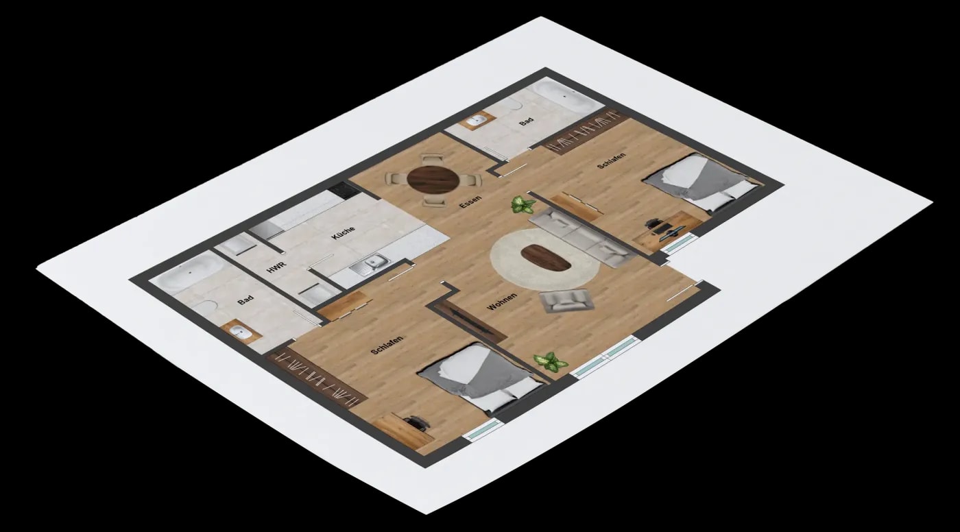 Moderner Grundriss einer 3-Zimmer Wohnung mit offener Küche und zwei Bädern mit Wanne.