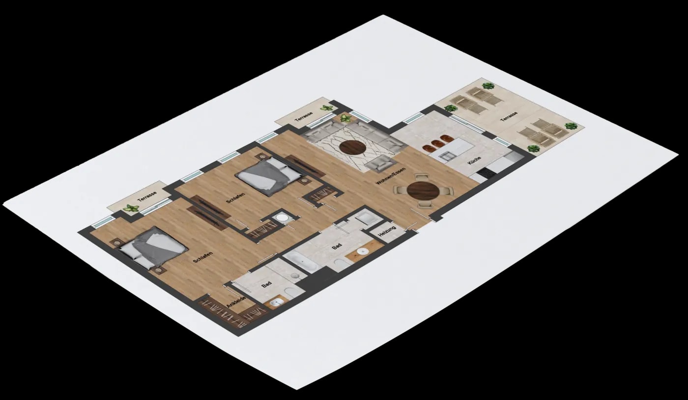 Moderner Grundriss einer 3-Zimmer Wohnung mit Terrasse, offener Küche, kombiniertem Wohn- und Essbereich, sowie zwei Bädern.