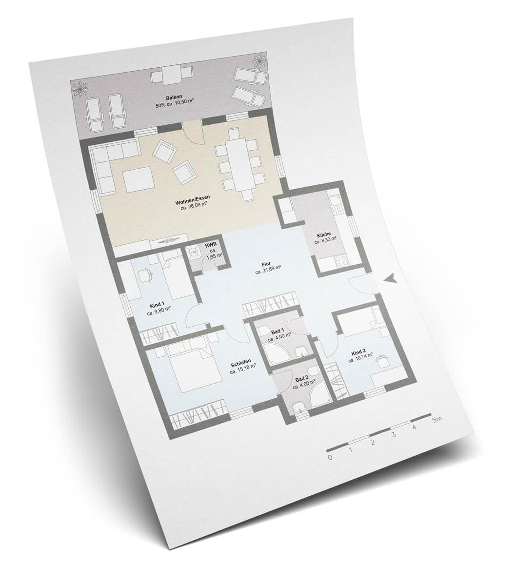 Grundriss einer 4-Zimmer Wohnung mit großzügigem Ess- und Wohnbereich mit anliegendem Balkon.