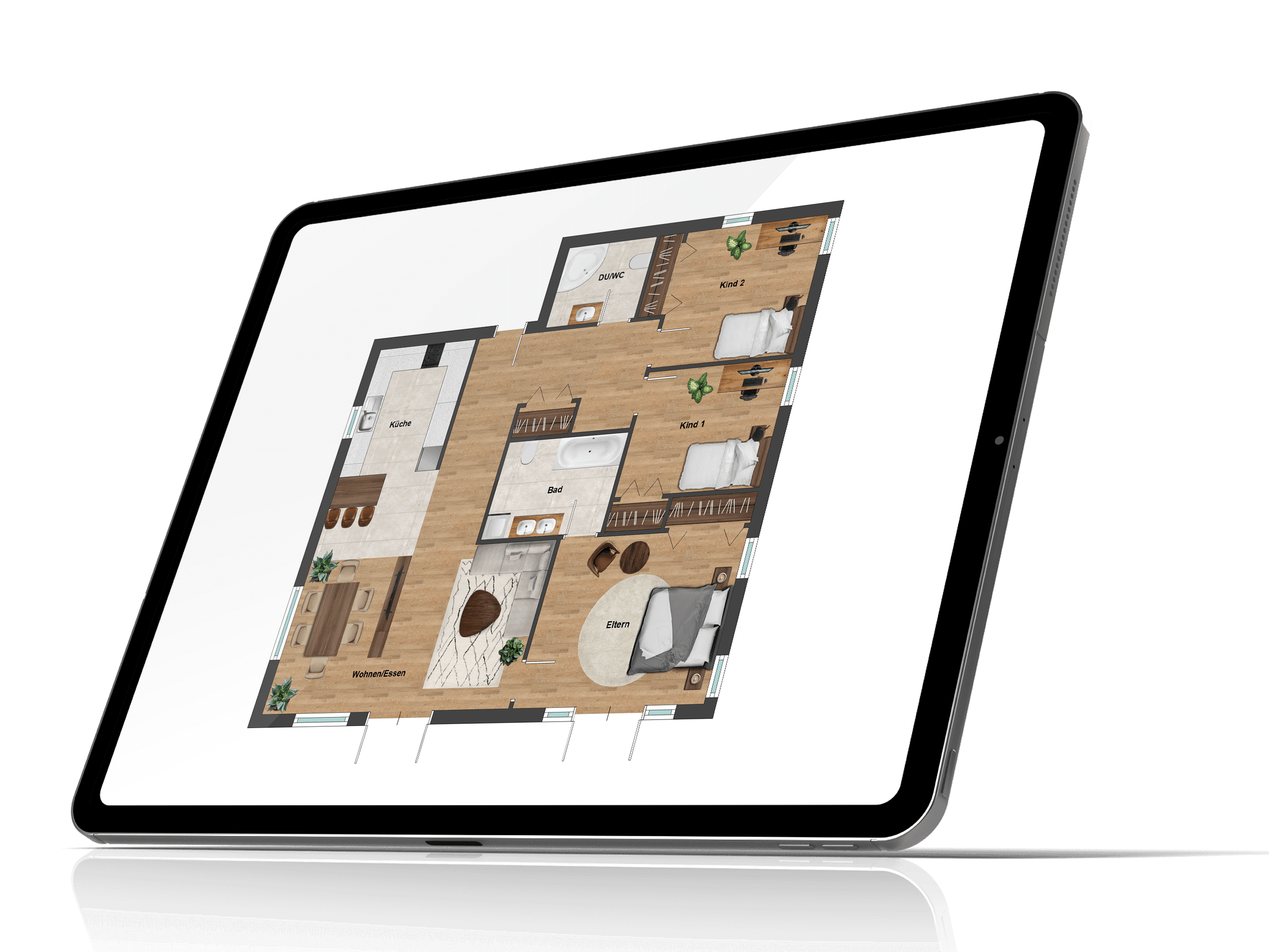 Farbiger Grundriss auf einem Tablet, einer 4-Zimmer Wohnung mit Innenbad, Dusche-WC und Balkon- oder Terrassentüren am Schlaf- und Wohnzimmer.