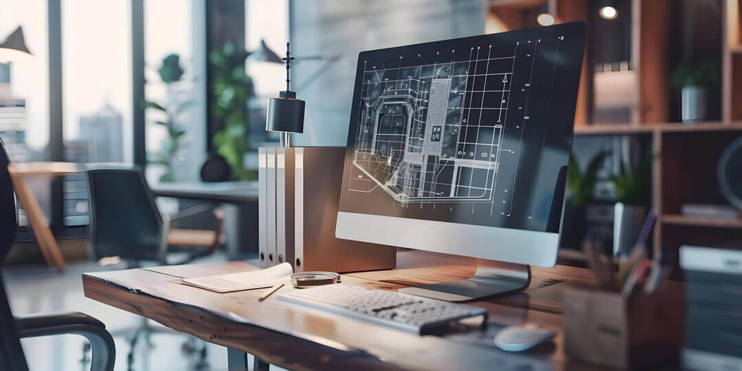 Schreibtisch aus Holz in einem Büro mit Regalaufbau, Ordnern und einem PC auf dessen Monitor die 3D-Fassaden-Zeichnung eines Gebäudes mit mittigem Durchgang zu sehen ist.