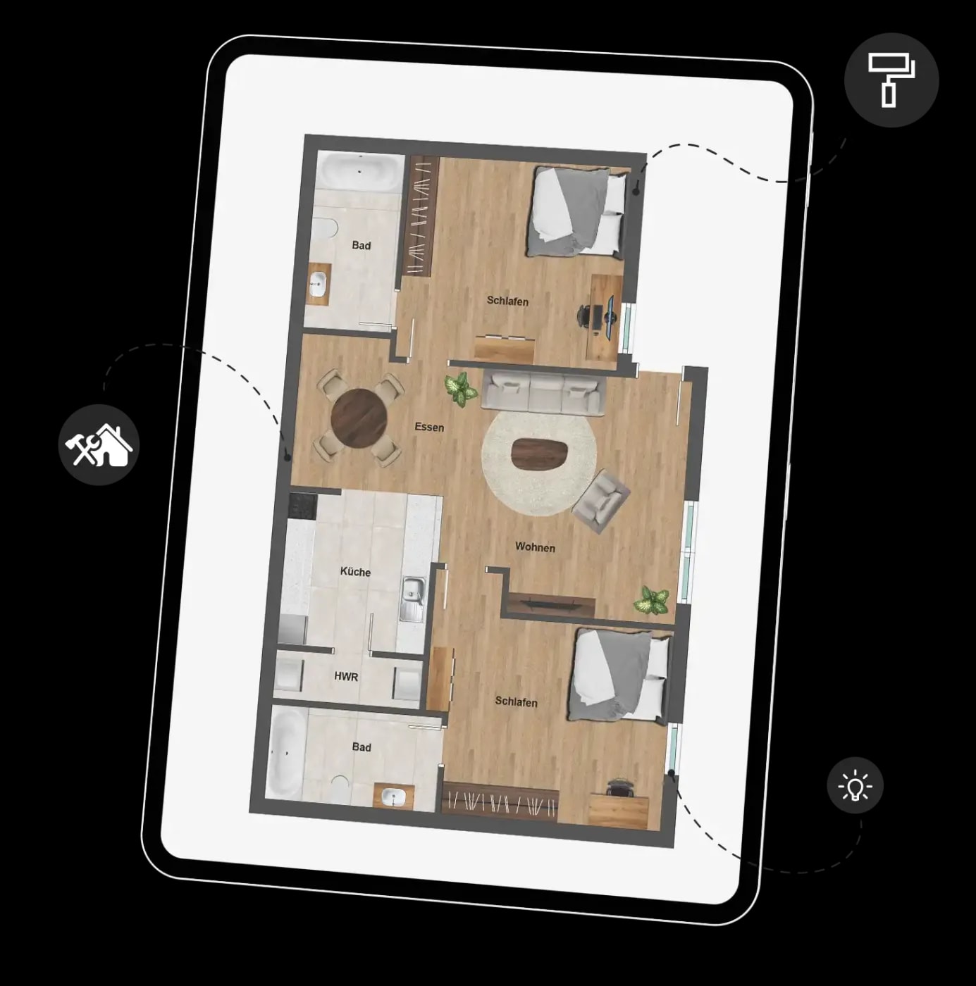 Tablet auf dem der moderne Grundriss einer 3-Zimmer Wohnung zu sehen ist mit 2 Badezimmern und offener Küche markiert mit drei Icons die auf besondere Details, wie Licht, Wandfarbe und Handwerker hinweisen.