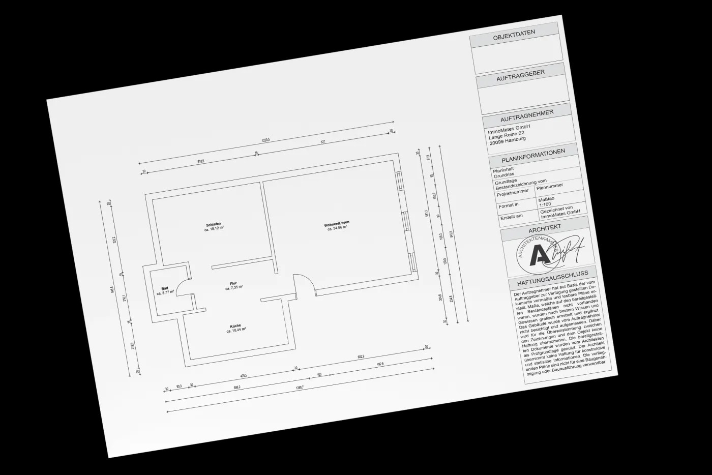 Technischer Grundriss einer Wohnung mit Maßangaben und Architektenstempel der ImmoMates GmbH