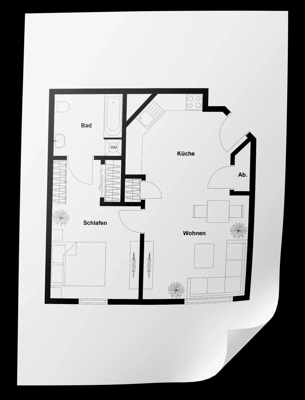 Grundriss einer 1,5-Zimmer Wohnung mit großer Küche inklusive Eingangsbereich und dem Schlafzimmer als Durchgangszimmer zum Bad.