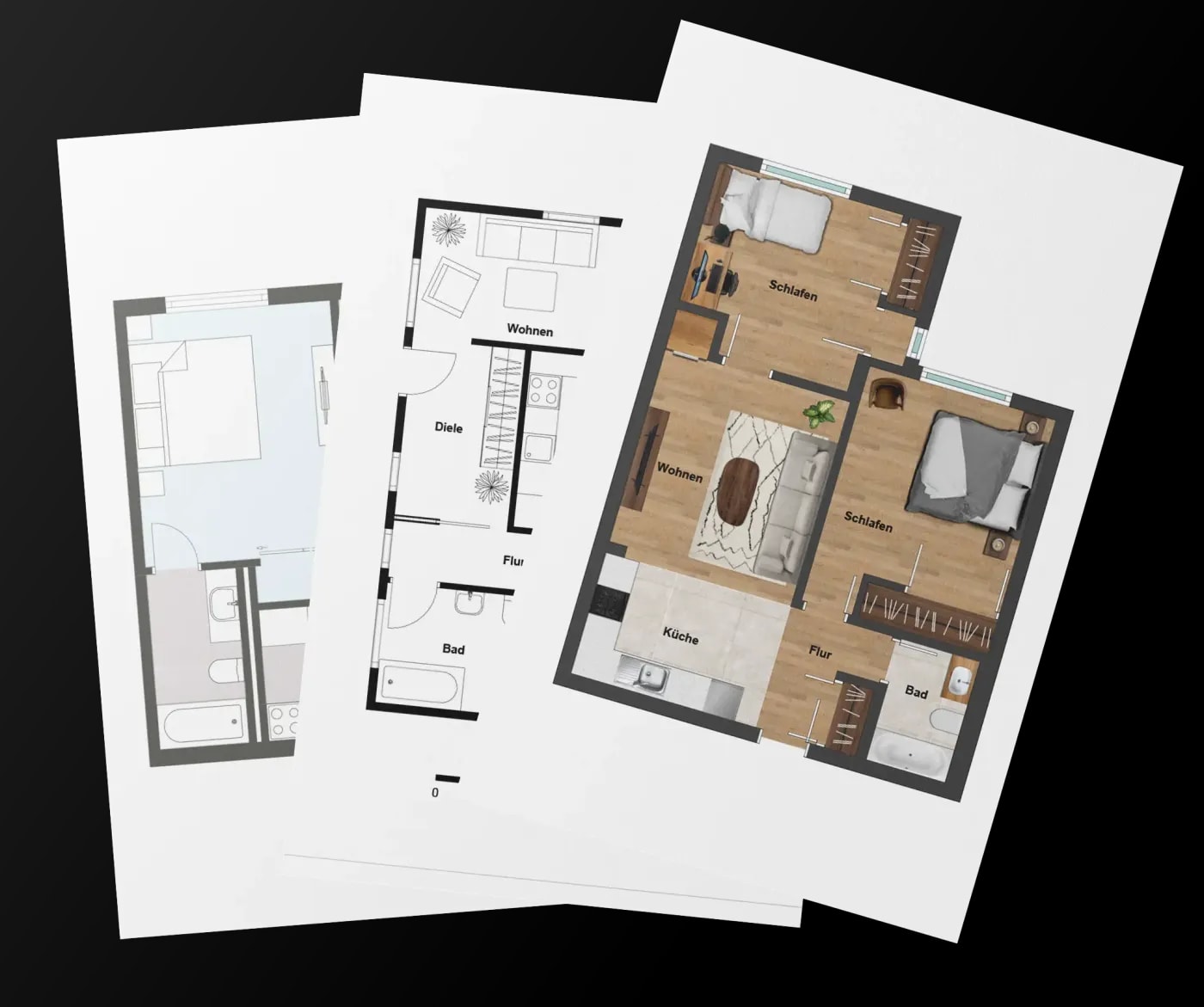 Drei verschiedene, überlappende Grundrisse, wobei der oberste farbig ist und eine 3-Zimmer Wohnung mit offener Küche zum Wohnimmer zeigt.