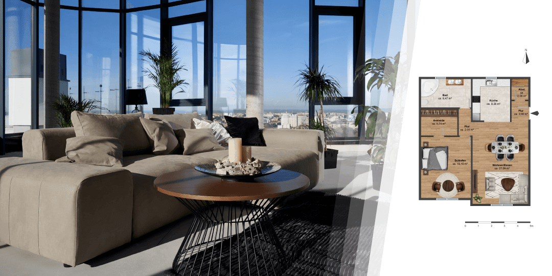 Kombinationsbild: links großzügiges Penthouse-Wohnzimmer mit raumhohen Fenstern und Stadtblick sowie beigem Sofa und rundem Couchtisch; rechts farbiger 2D-Grundriss mit beschrifteten Räumen und Maßangaben.