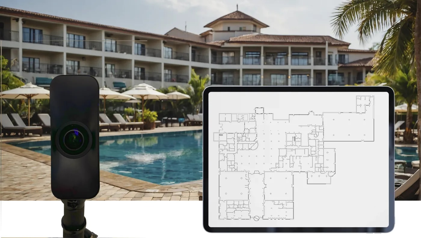 Im Hintergrund ist ein niedriges, dreigeschossiges Hotelgebäude mit flachem Satteldach und Turm zu sehen vor dem eine Matterportkamera und Tablet zu sehen sind, auf dem der Grundriss der Hotelanlage dargestellt wird.