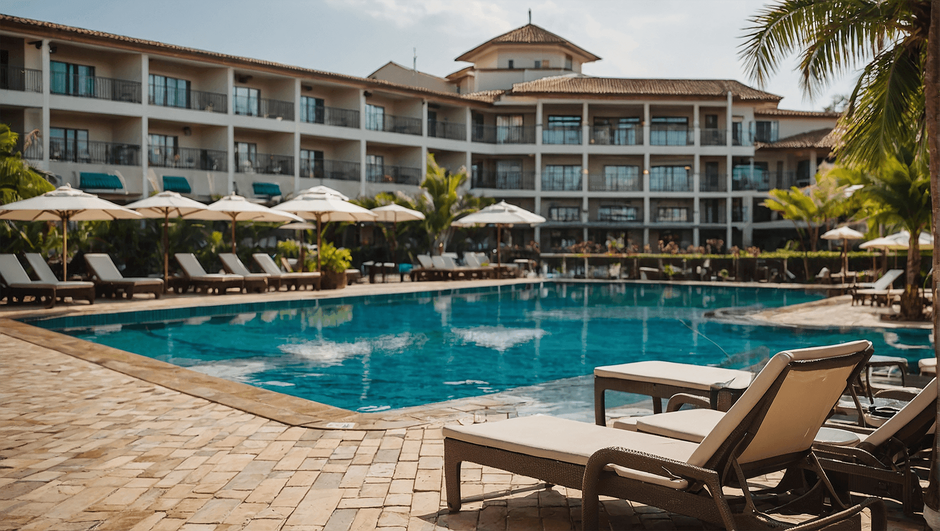 Aufnahme der Hotelanlage mit Pool, der von Gruppen aus Sonnenschirm und Liegestühlen umrandet ist.