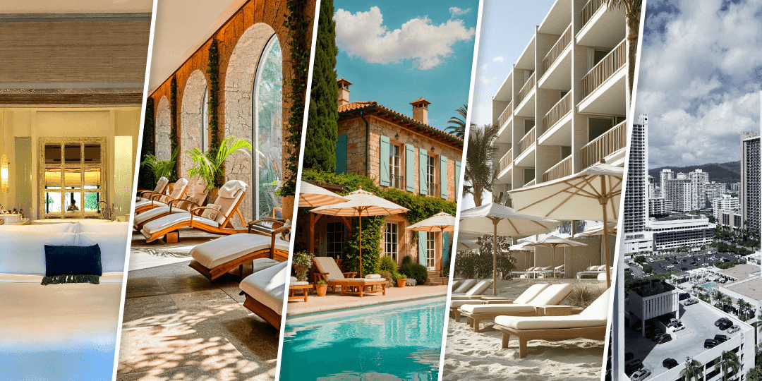 Fünfteilige Bildcollage verschiedener Hoteltypen: opulente Boutique-Suite mit Freistehbadewanne, Wellness-Innenbereich mit Bogenarkaden und Liegen, rustikales Landhotel mit Pool und Steinfassade, modernes Strandresort mit Liegestühlen im Sand sowie Stadthotel aus der Vogelperspektive.