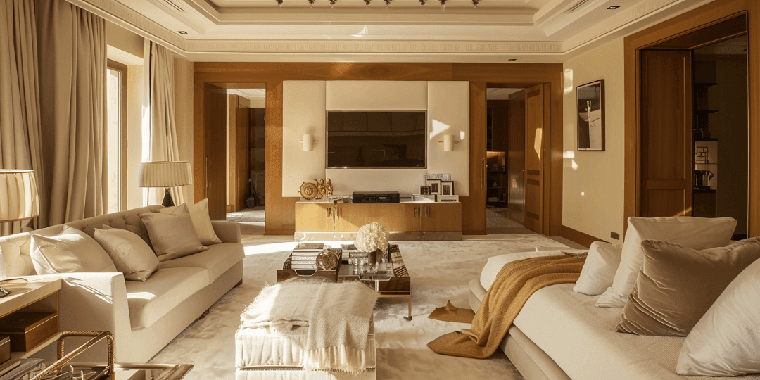 Eleganter Wohnbereich einer Luxushotel-Suite mit cremeweißen Sofas, warmem Holzdekor und großem Flatscreen-TV, mit weiteren Räumen im Hintergrund.