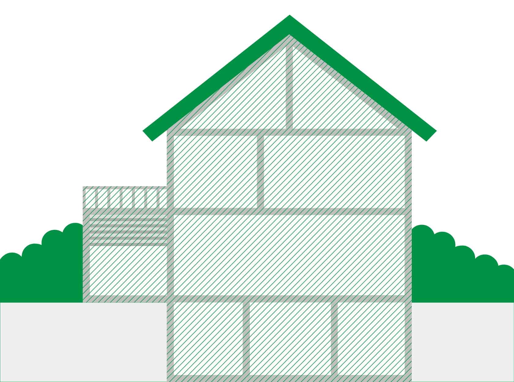 Schematische Darstellung des Schnitts eines dreigeschossigen Hauses mit Keller und Satteldach, anliegenden Carport und Balkon.