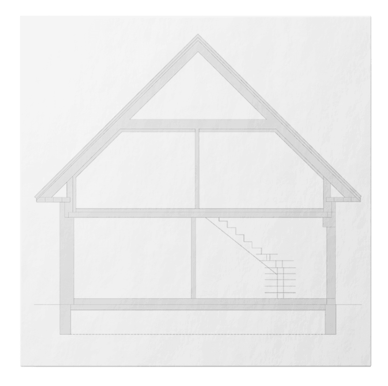 Schnittzeichnung eines zweigeschossigen Einfamilienhauses mit Dachboden und Treppe, ohne Keller