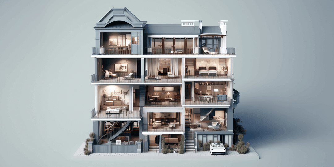 3D-Modell eines mehrgeschossigen Mehrfamilienhauses mit Autoparkbucht und Begrünung.