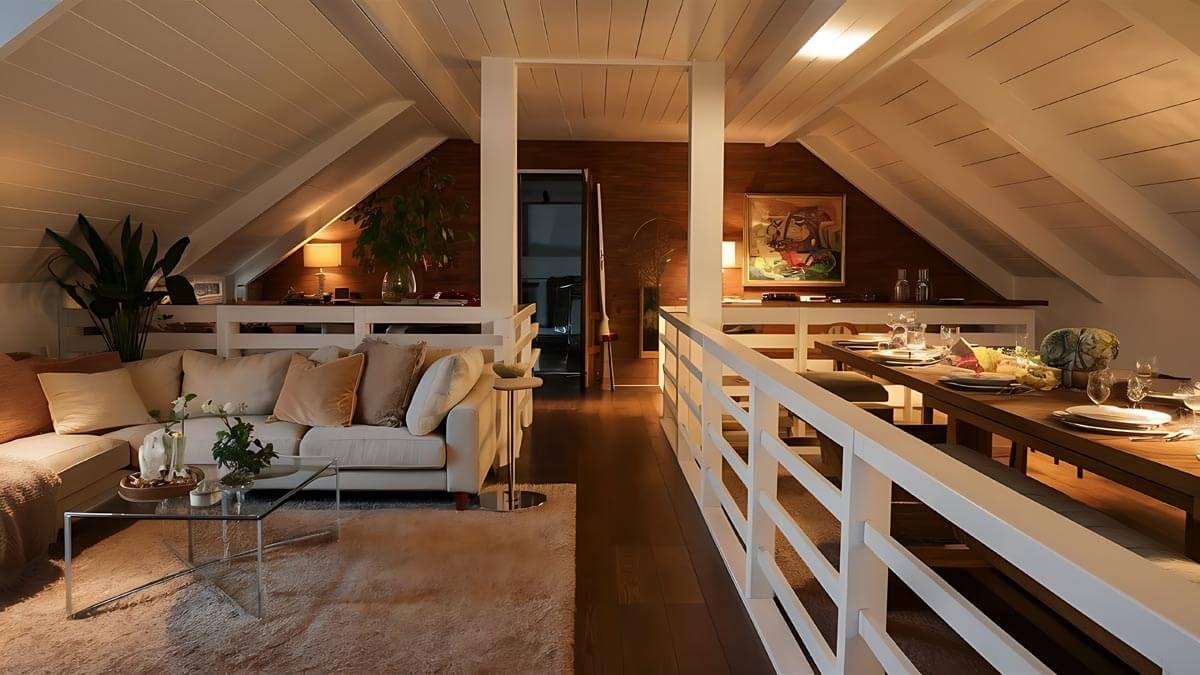 Stimmungsvoll beleuchtetes Dachgeschoss-Wohnzimmer mit cremefarbenem Ecksofa und Glas-Couchtisch links; rechts eine weiße Holzbalustrade entlang eines festlich gedeckten Esstisches mit dunklem Holzparkett und einem Gemälde an der Holzwand.