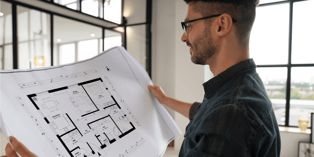 Ein Architekt betrachtet in seinem Atelier zufrieden einen bemaßten Grundriss, den er mit beiden Händen vor sich hoch hält.