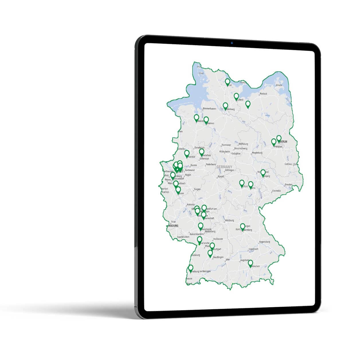 Tablet mit der Ansicht einer schematischen Deutschlandkarte und mehreren verteilten, markierten Orten