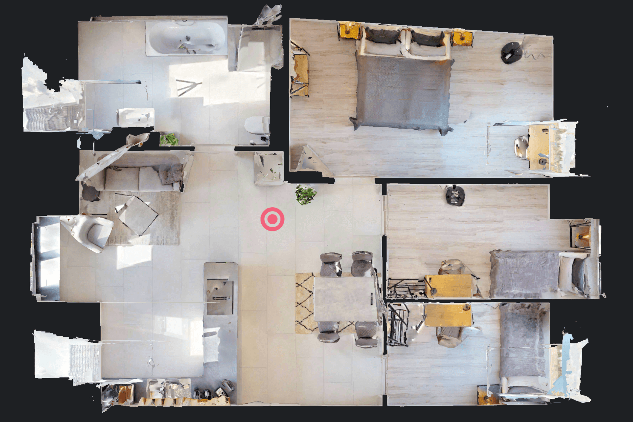 Blick von oben auf einen modernen 3D-Darstellung einer 4-Zimmer Wohnung mit offener Küche auf der deutlich eine schräge Aussenwand zu erkennen ist.