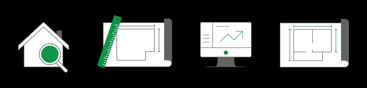 Vier schematische Icons, die symbolisch für manuelles Aufmaß und Laserscan-Aufmaß stehen