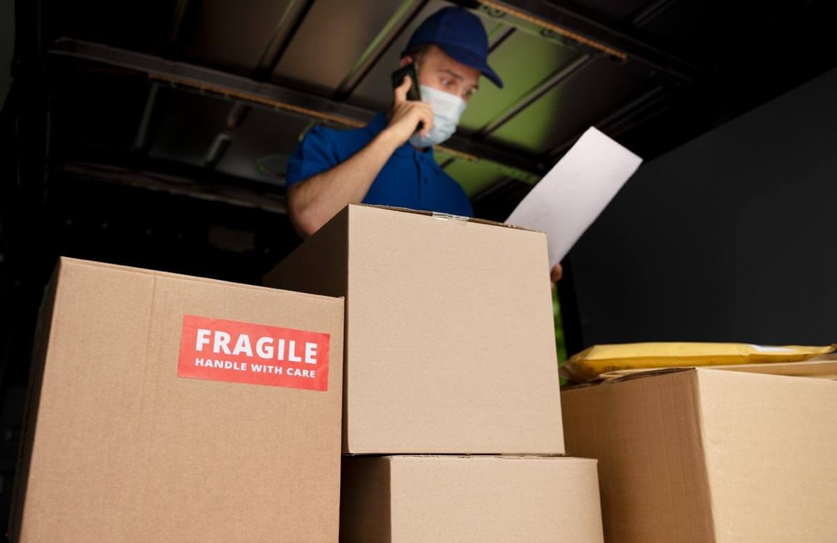 Lieferant in blauer Arbeitskleidung und Mundschutz steht im dunklen Laderaum eines Transporters, telefoniert und hält ein Dokument in der Hand; im Vordergrund ein Karton mit rotem Fragile-Aufkleber.