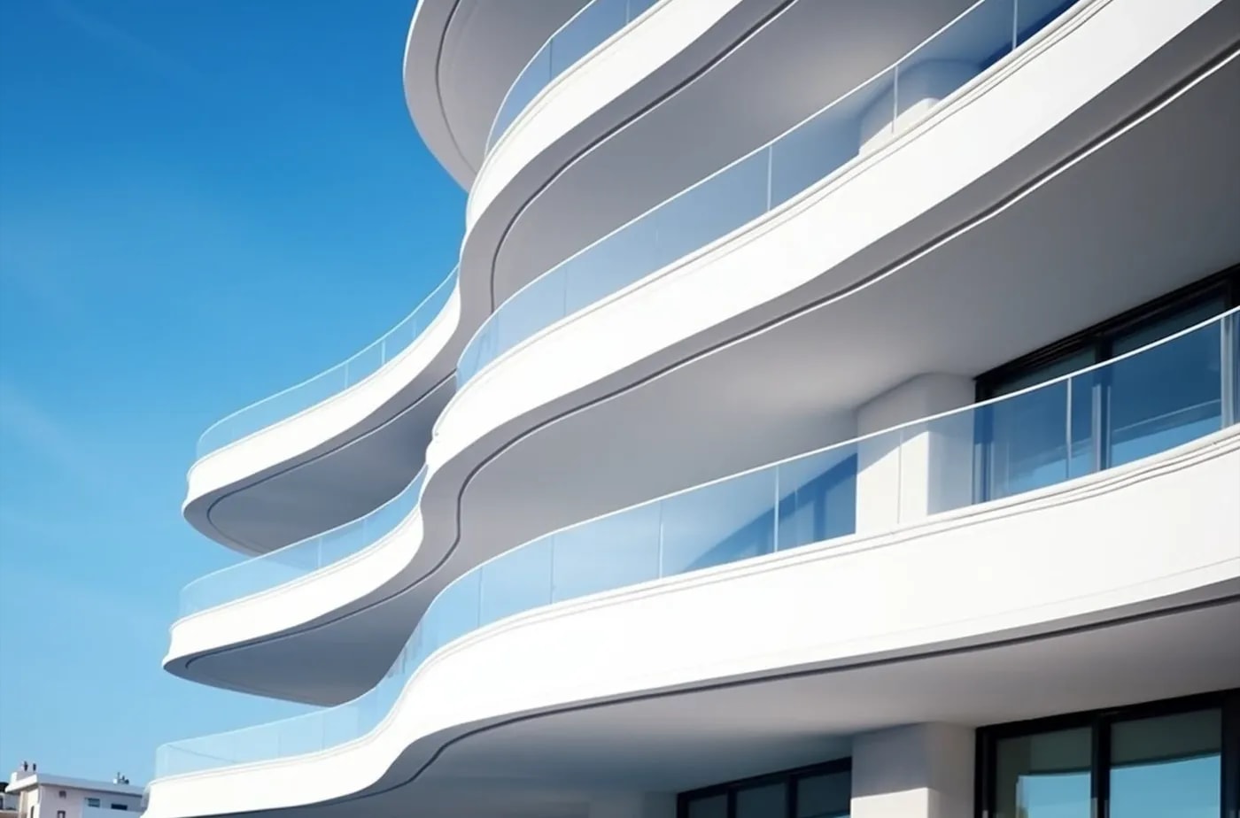 Detailansicht von unten auf die langgestreckten Balkone der einen Seite des 'White Swan'-Objekts.