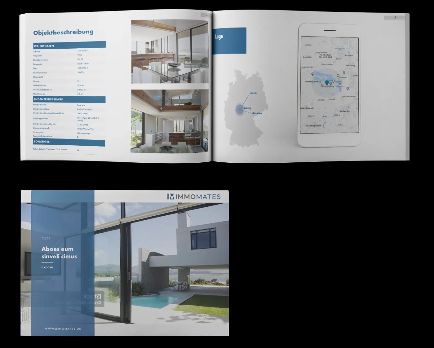 Zwei Immobilien-Exposés – aufgeschlagen mit Objektdaten, Fotos und Lageplan sowie als Deckblatt mit modernem Einfamilienhaus