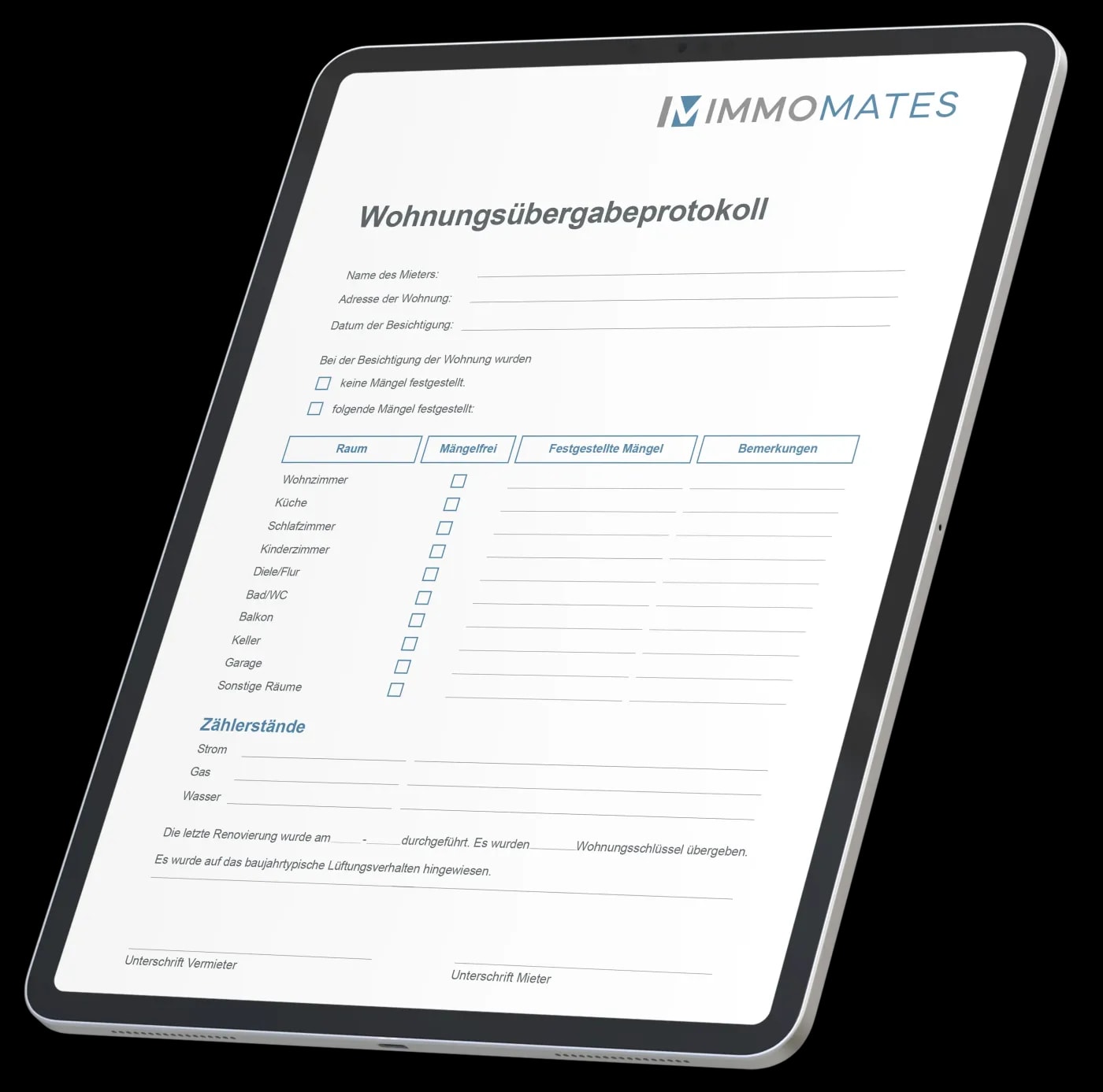 Schränansicht eines halb aufgerichteten Tablets auf dem ein tabellarisches Wohnungsübergabeprotokoll der IMMOMATES GmbH zu sehen ist.